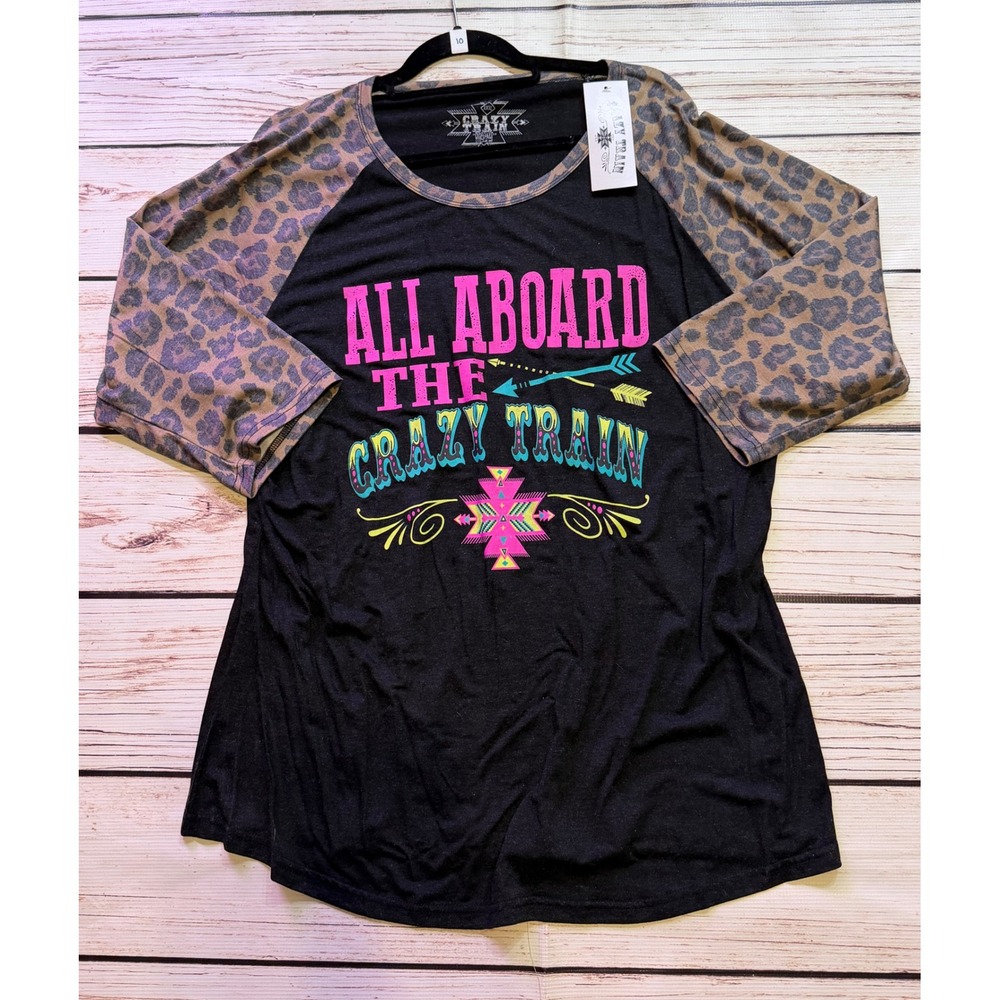 Crazy Train Womens XXXL Leopard Raglan Graphic Tee All Aboard The Crazy Train